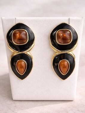 Vintage Trifari Black Enamel Gold Tone Amber Cabochon Earrings
